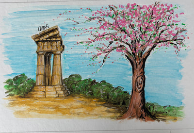 Tempio Greco Siciliano con Albero in Fiore